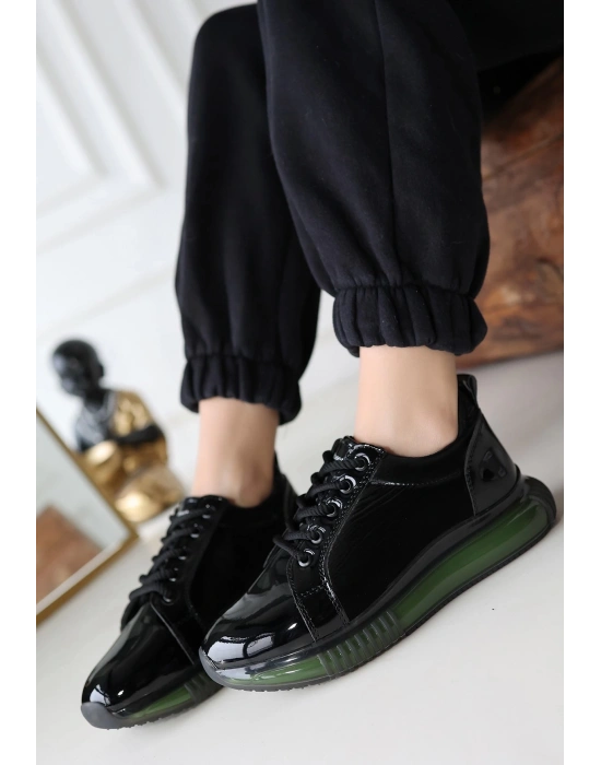 Piona Siyah Rugan Yeşil Tabanlı Spor Ayakkabı