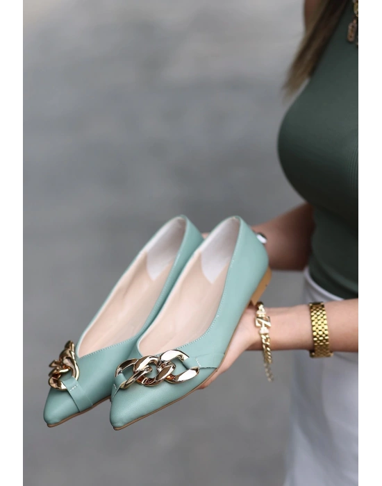 Popi Mint Yeşili Cilt Zincirli Babet Ayakkabı