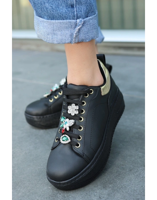 Tenya Siyah Cilt Taşlı Bağcıklı Spor Ayakkabı