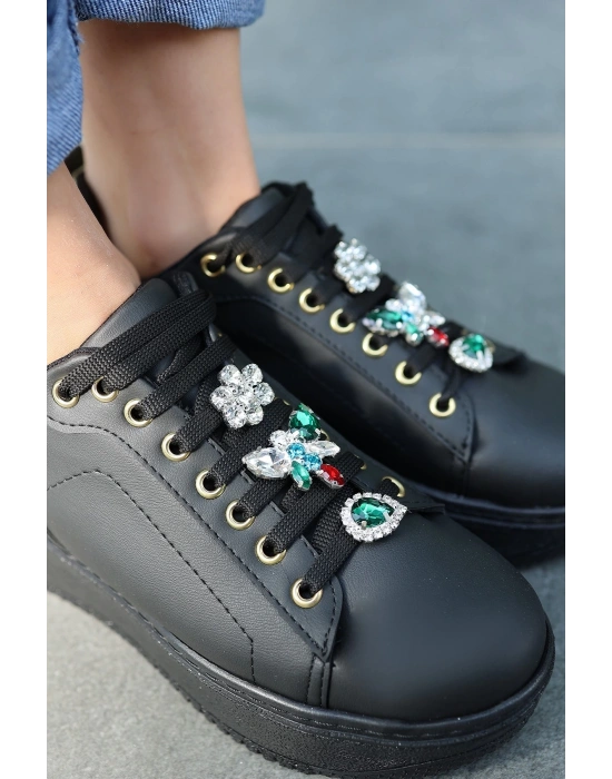 Tenya Siyah Cilt Taşlı Bağcıklı Spor Ayakkabı