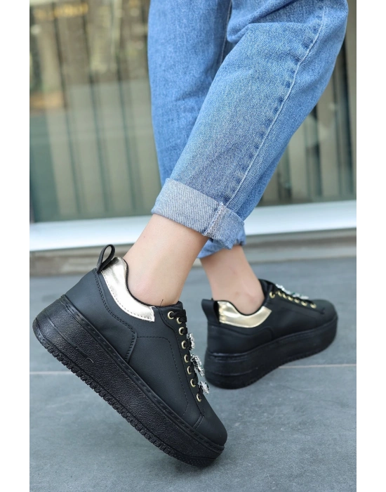 Tenya Siyah Cilt Taşlı Bağcıklı Spor Ayakkabı