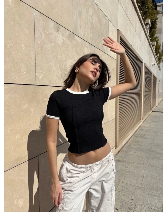 Yaka kol garnili ön parçalı bluz