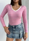 V yaka çizgili bluz pembe A3699