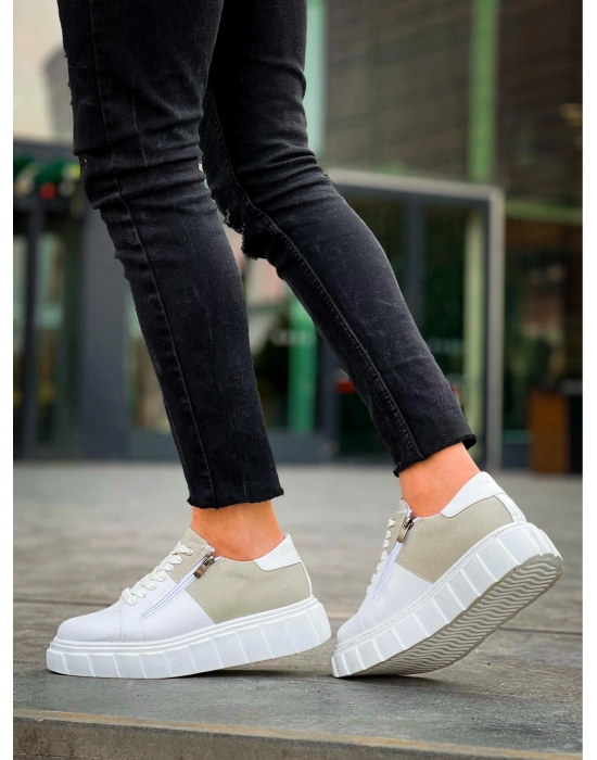 KB-X155 Kuback Beyaz Cilt Gri Süet Detaylı Beyaz Yüksek Taban Günlük Spor Ayakkabı