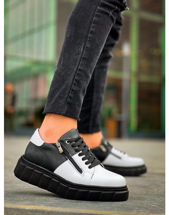 KB-X155 Kuback Beyaz Cilt Siyah Cilt Detaylı Siyah Yüksek Taban Günlük Spor Ayakkabı