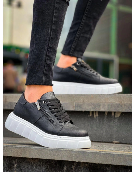 KB-X155 Kuback Siyah Cilt Detaylı Beyaz Yüksek Taban Günlük Spor Ayakkabı