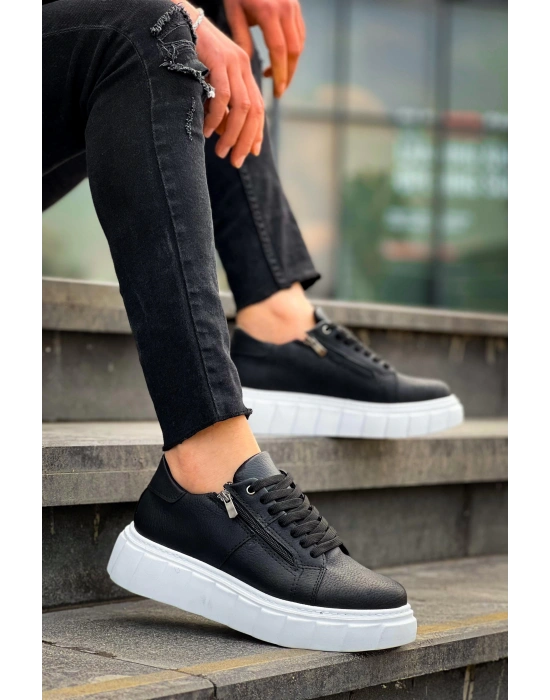 KB-X155 Kuback Siyah Cilt Detaylı Beyaz Yüksek Taban Günlük Spor Ayakkabı