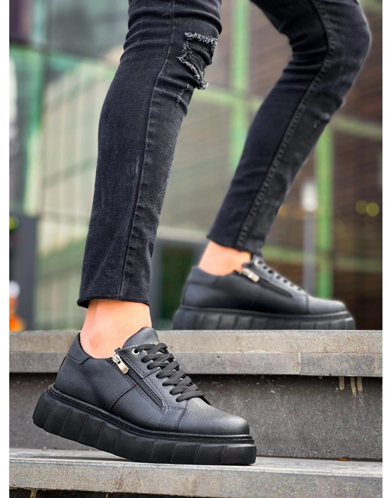 KB-X155 Kuback Siyah Cilt Detaylı Siyah Yüksek Taban Günlük Spor Ayakkabı