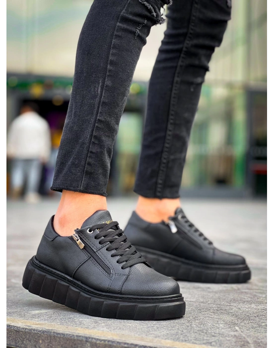 KB-X155 Kuback Siyah Cilt Detaylı Siyah Yüksek Taban Günlük Spor Ayakkabı