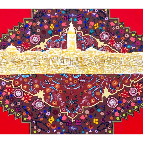 İstanbul Kolajı Osmanlı Saray Halısı Desenli Kanvas Tablo 97x160 cm