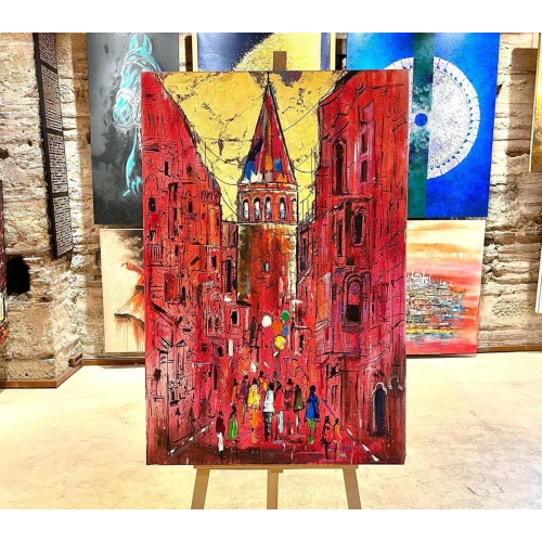 Pembe Galata Altın Varaklı İstanbul Kanvas Tablo 80x120 cm