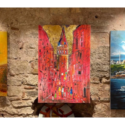 Pembe Galata Altın Varaklı İstanbul Kanvas Tablo 80x120 cm