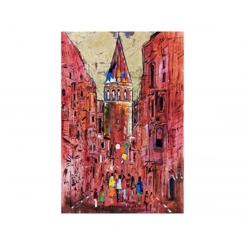 Pembe Galata Altın Varaklı İstanbul Kanvas Tablo 80x120 cm