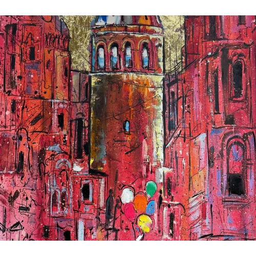Pembe Galata Altın Varaklı İstanbul Kanvas Tablo 80x120 cm