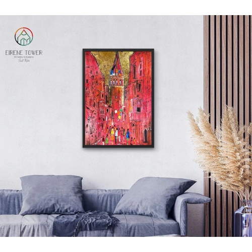 Pembe Galata Altın Varaklı İstanbul Kanvas Tablo 80x120 cm