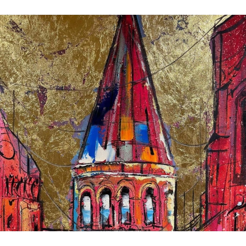 Pembe Galata Altın Varaklı İstanbul Kanvas Tablo 80x120 cm