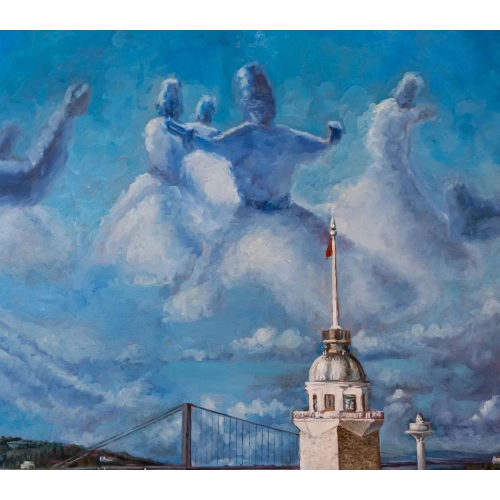 Semada Semazenler ve Galata Kulesi Yağlı Boya Tablo 120x120 cm