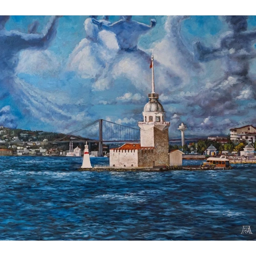 Semada Semazenler ve Galata Kulesi Yağlı Boya Tablo 120x120 cm