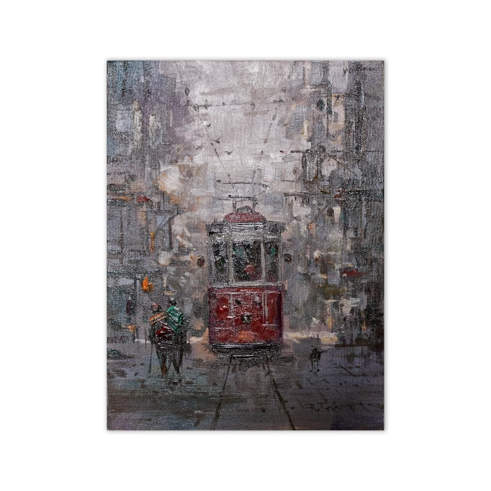 İstiklal Caddesinde Kış Tuval Üzeri Yağlı Boya Tablo Remzi Taşkıran 30x40 cm