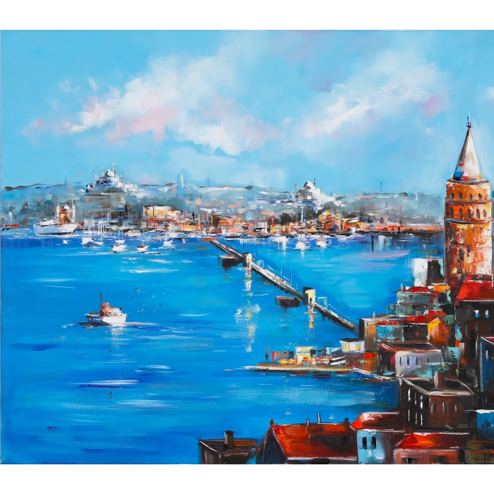 Mavi Galata Tarihi Yarımada Manzarası İstanbul Kanvas Tablo 80x120 cm