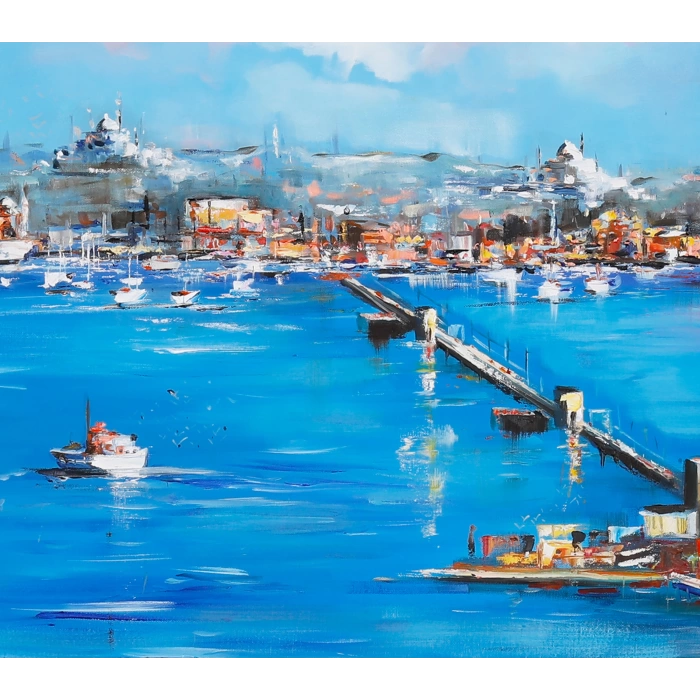 Mavi Galata Tarihi Yarımada Manzarası İstanbul Kanvas Tablo 80x120 cm