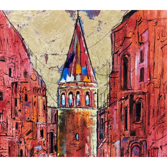 Pembe Galata Altın Varaklı İstanbul Kanvas Tablo 80x120 cm