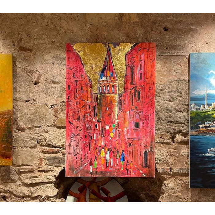 Pembe Galata Altın Varaklı İstanbul Kanvas Tablo 80x120 cm