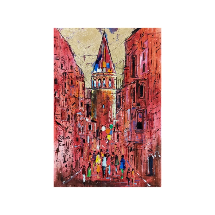 Pembe Galata Altın Varaklı İstanbul Kanvas Tablo 80x120 cm