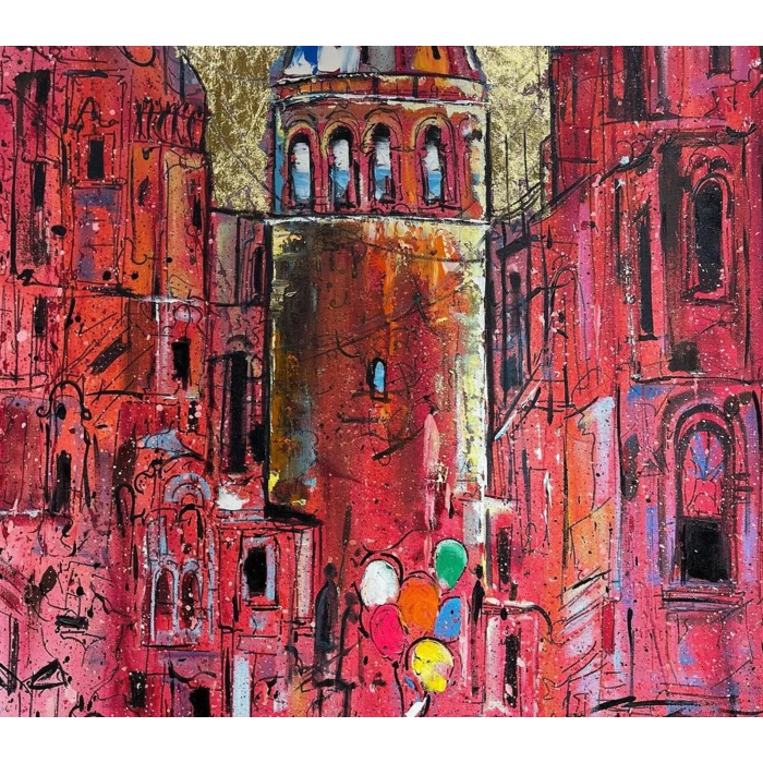 Pembe Galata Altın Varaklı İstanbul Kanvas Tablo 80x120 cm