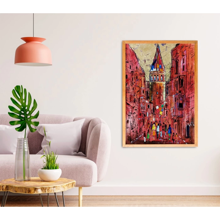 Pembe Galata Altın Varaklı İstanbul Kanvas Tablo 80x120 cm