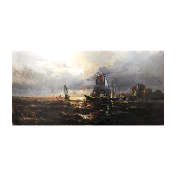 Denizde Tekneler Yağlı Boya Tablo Sabahattin Camcıoğlu 60x120cm