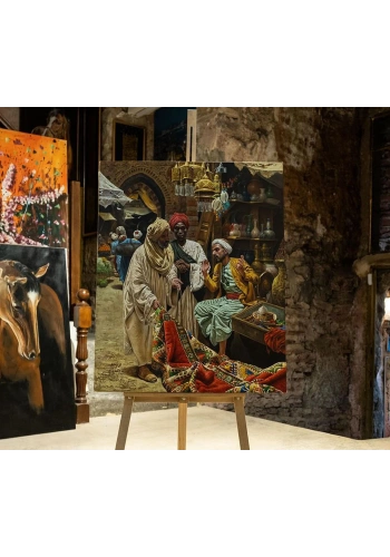 Kapalı Çarşıda Halı Tüccarları Yağlı Boya Tablo 80x100 cm