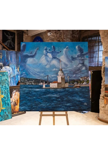 Semada Semazenler ve Galata Kulesi Yağlı Boya Tablo 120x120 cm