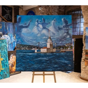 Semada Semazenler ve Kız Kulesi Yağlı Boya Tablo 120x120 cm
