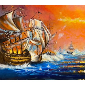 Denizde Savaş Yağlı Boya Kanvas Tablo 60x140 cm