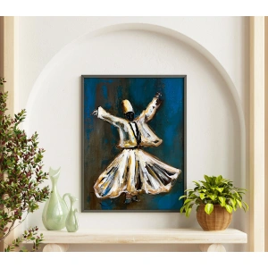 Mevlana Semazen Mavi Beyaz Kanvas Tablo 50x70 cm