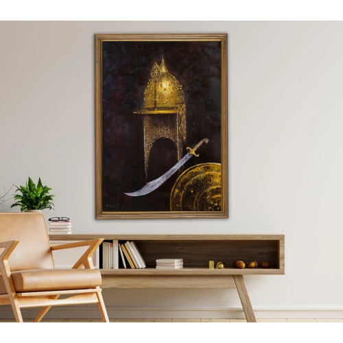 Alp Arslanın Zırhı Miğferi ve Kılıcı Yağlı Boya Tablo 70x100 cm