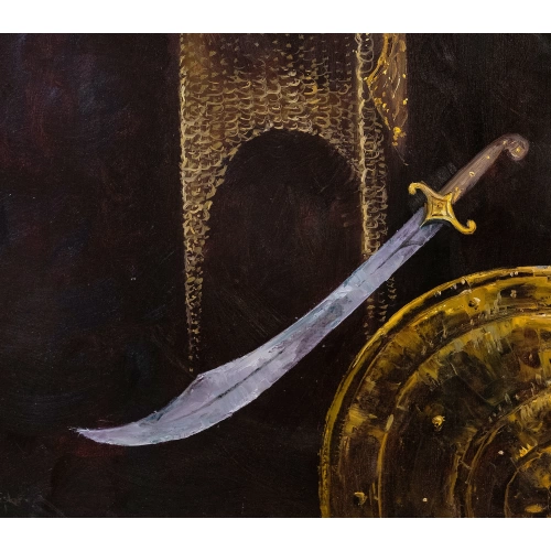 Alp Arslanın Zırhı Miğferi ve Kılıcı Yağlı Boya Tablo 70x100 cm