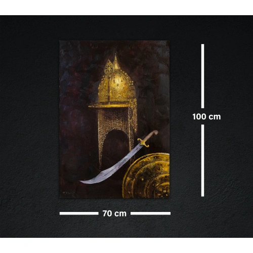 Alp Arslanın Zırhı Miğferi ve Kılıcı Yağlı Boya Tablo 70x100 cm