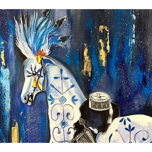 Beyaz Sirk Atı Altın Varaklı Modern Tablo 100x100cm