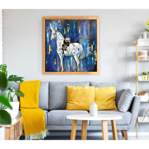 Beyaz Sirk Atı Altın Varaklı Modern Tablo 100x100cm