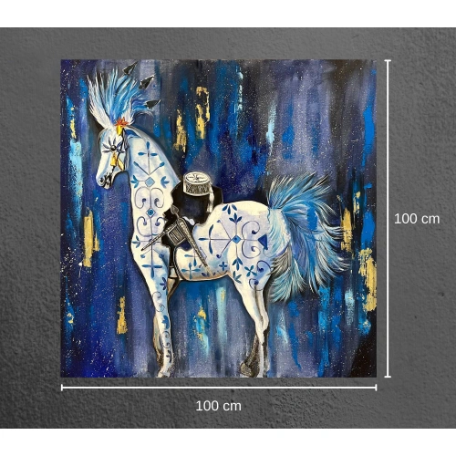 Beyaz Sirk Atı Altın Varaklı Modern Tablo 100x100cm