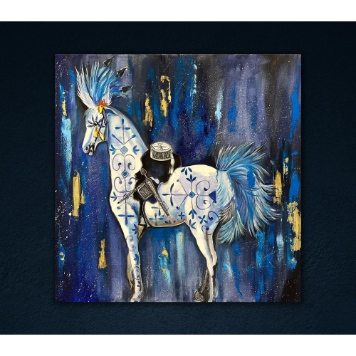 Beyaz Sirk Atı Altın Varaklı Modern Tablo 100x100cm