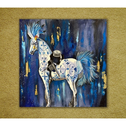 Beyaz Sirk Atı Altın Varaklı Modern Tablo 100x100cm