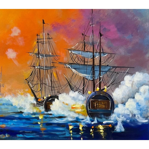 Denizde Savaş Yağlı Boya Kanvas Tablo 60x140 cm