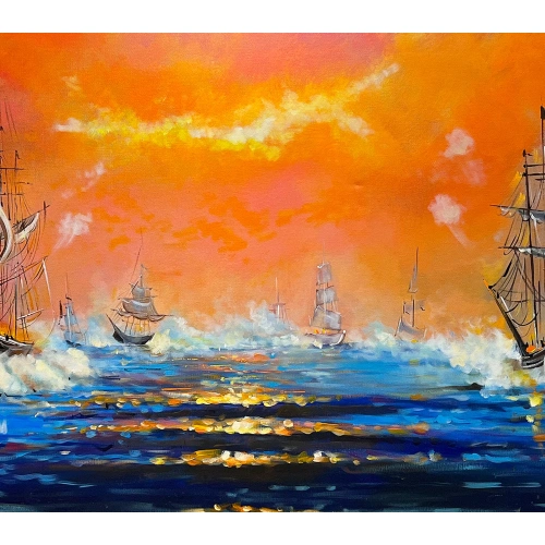 Denizde Savaş Yağlı Boya Kanvas Tablo 60x140 cm