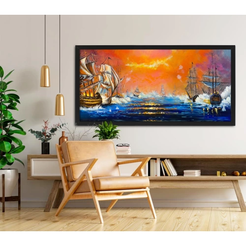 Denizde Savaş Yağlı Boya Kanvas Tablo 60x140 cm