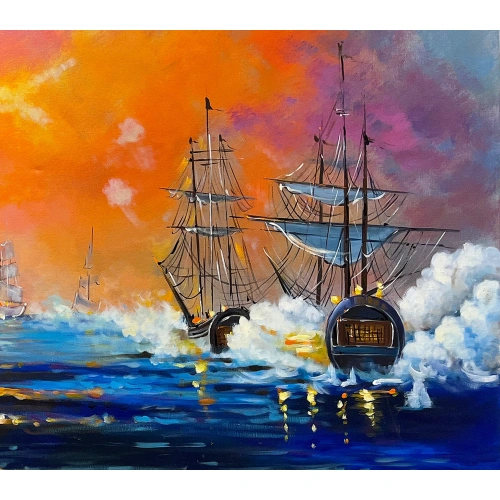 Denizde Savaş Yağlı Boya Kanvas Tablo 60x140 cm