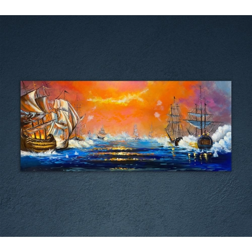 Denizde Savaş Yağlı Boya Kanvas Tablo 60x140 cm