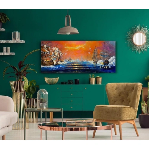 Denizde Savaş Yağlı Boya Kanvas Tablo 60x140 cm